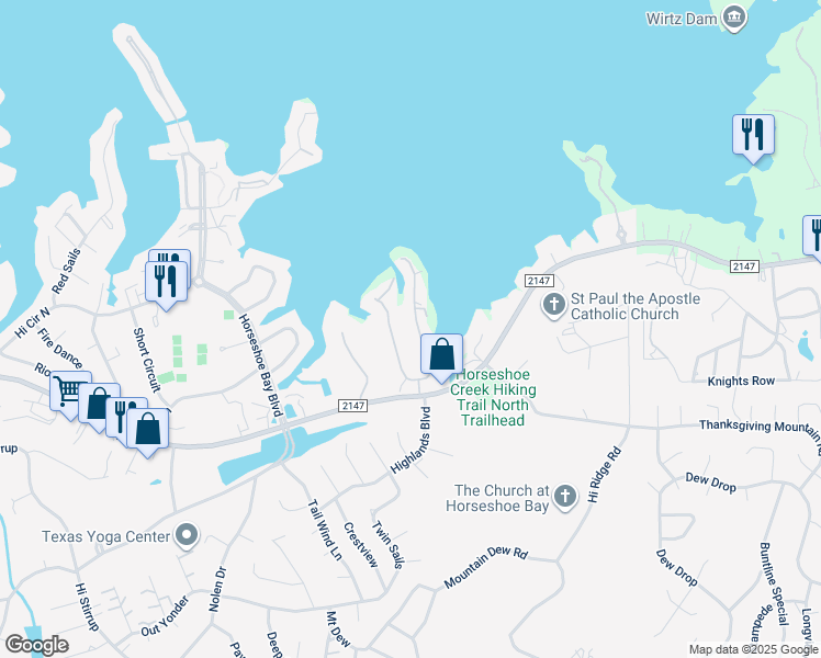 map of restaurants, bars, coffee shops, grocery stores, and more near 322 Horseshoe Bay North Boulevard in Horseshoe Bay