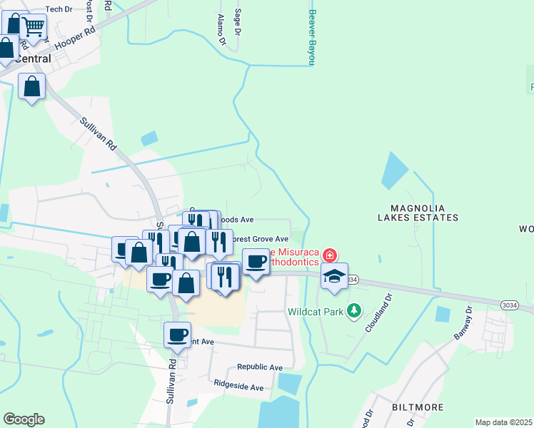 map of restaurants, bars, coffee shops, grocery stores, and more near 14847 Central Woods Avenue in Baton Rouge