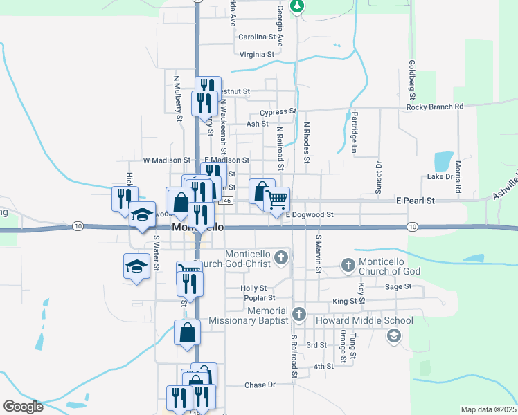 map of restaurants, bars, coffee shops, grocery stores, and more near 540 East Dogwood Street in Monticello
