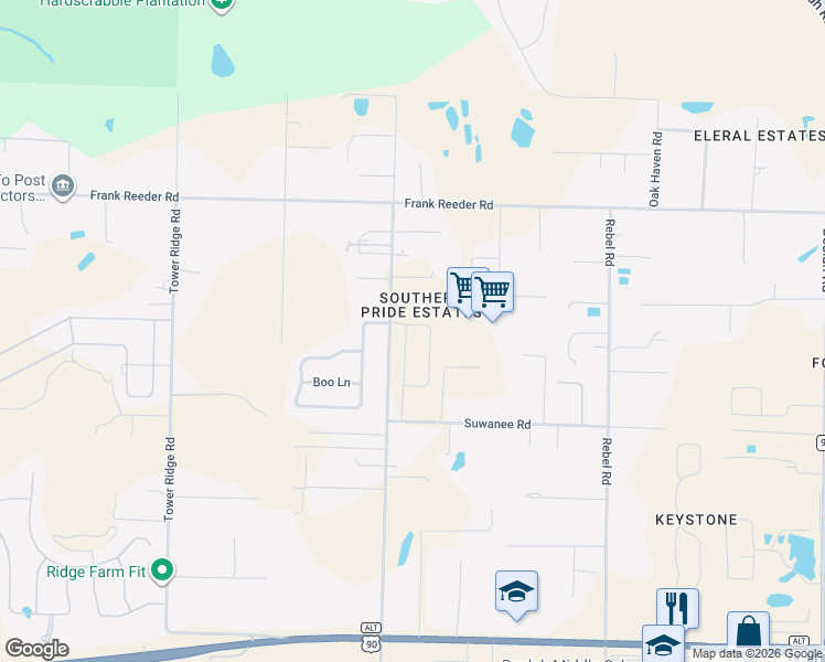 map of restaurants, bars, coffee shops, grocery stores, and more near 9780 Bridlewood Road in Pensacola