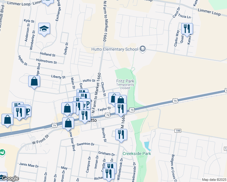 map of restaurants, bars, coffee shops, grocery stores, and more near 302A College Street in Hutto