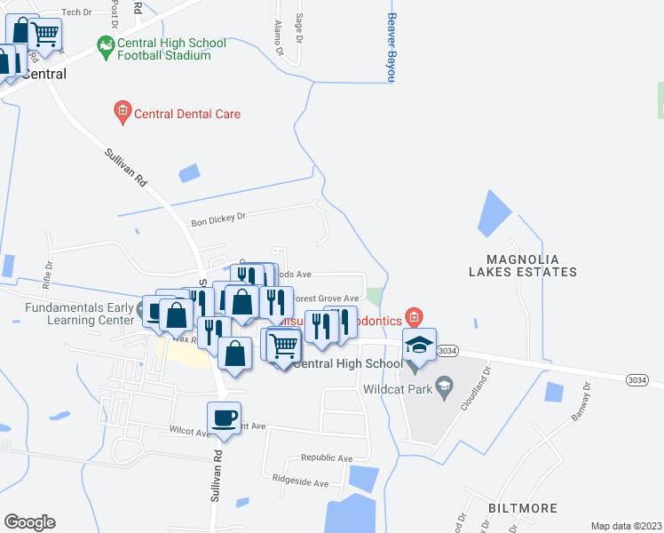 map of restaurants, bars, coffee shops, grocery stores, and more near 14835 Central Woods Avenue in Baton Rouge