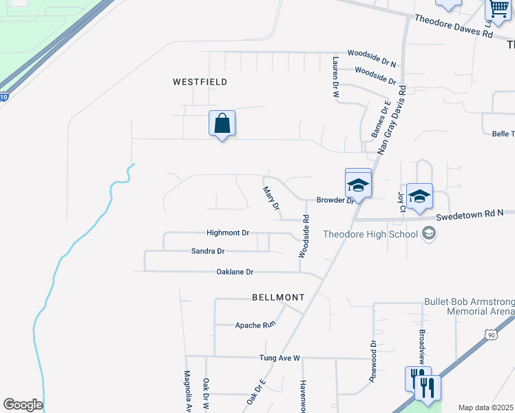 map of restaurants, bars, coffee shops, grocery stores, and more near 6641 David Dr S in Theodore