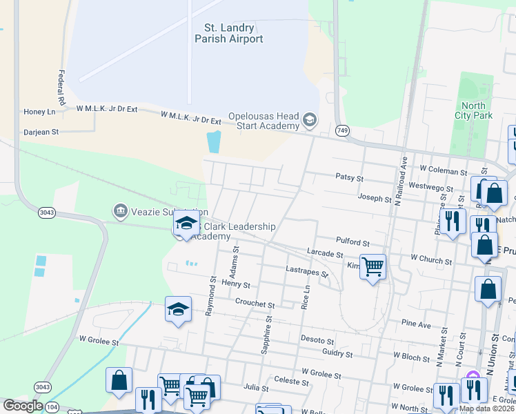 map of restaurants, bars, coffee shops, grocery stores, and more near 1112 Story Street in Opelousas