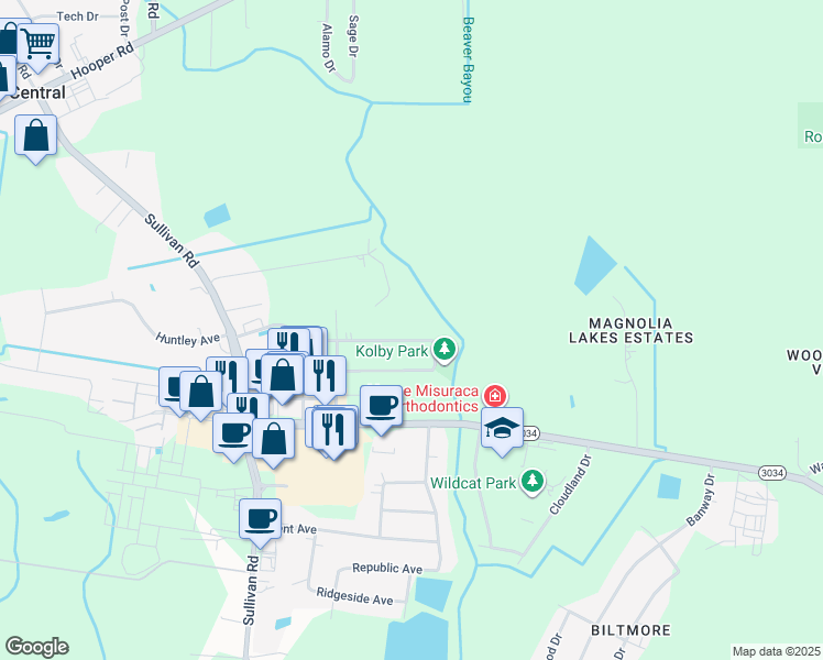 map of restaurants, bars, coffee shops, grocery stores, and more near 14835 Central Woods Avenue in Baton Rouge
