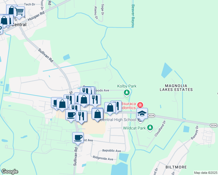 map of restaurants, bars, coffee shops, grocery stores, and more near 14835 Central Woods Avenue in Baton Rouge