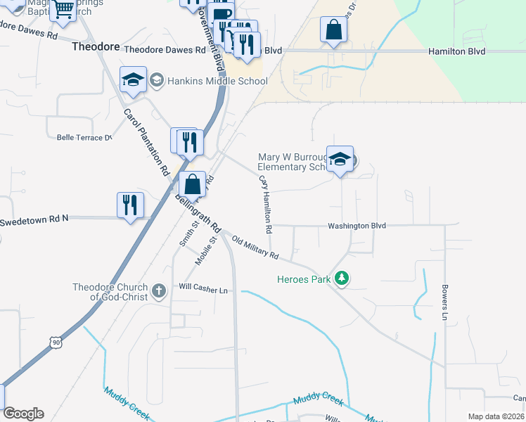 map of restaurants, bars, coffee shops, grocery stores, and more near 6967-6999 Cary Hamilton Road in Theodore