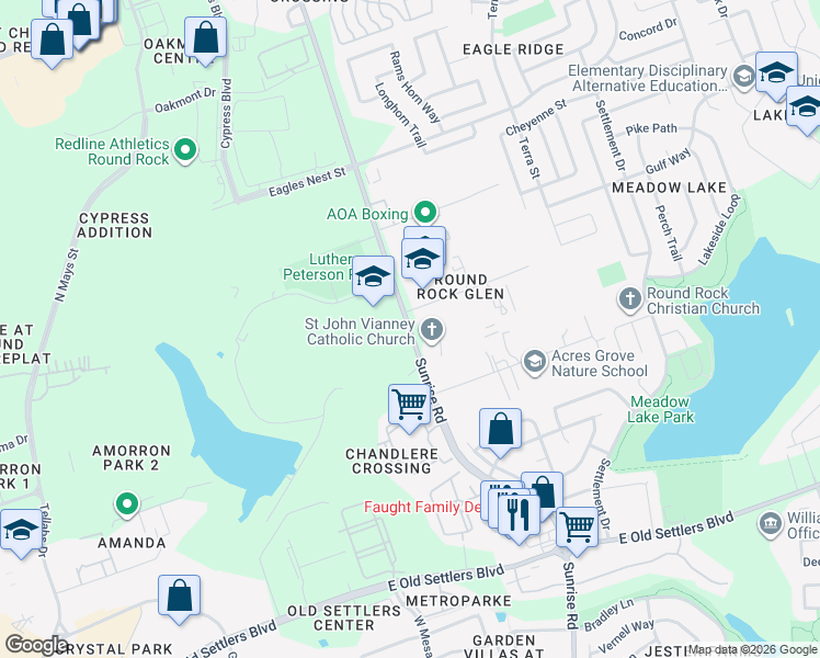 map of restaurants, bars, coffee shops, grocery stores, and more near 3201-3205 Sunrise Road in Round Rock