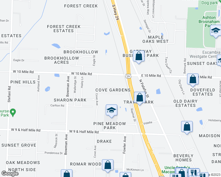 map of restaurants, bars, coffee shops, grocery stores, and more near 576 Evening Falls Drive in Pensacola