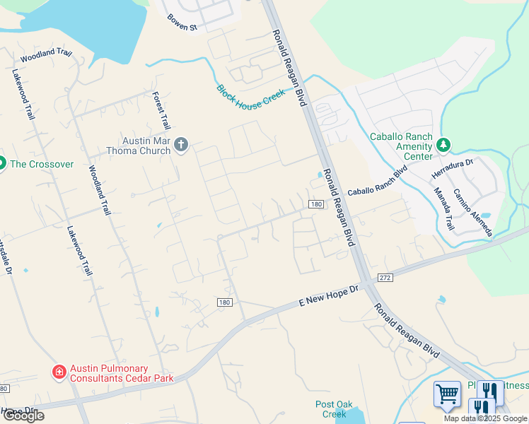 map of restaurants, bars, coffee shops, grocery stores, and more near 200 County Road 180 in Leander