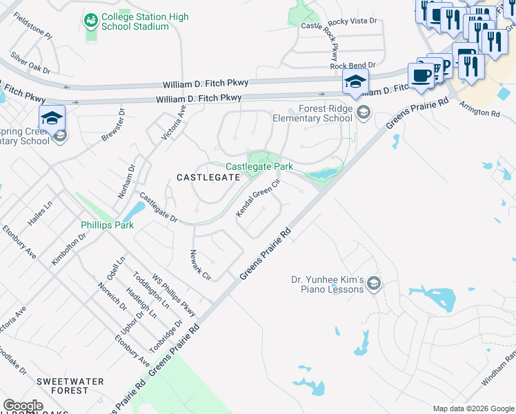 map of restaurants, bars, coffee shops, grocery stores, and more near 4411 Pickering Place in College Station