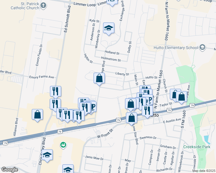 map of restaurants, bars, coffee shops, grocery stores, and more near 530 West Metcalfe Street in Hutto