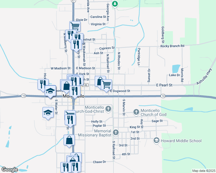 map of restaurants, bars, coffee shops, grocery stores, and more near 175 Railroad Street in Monticello