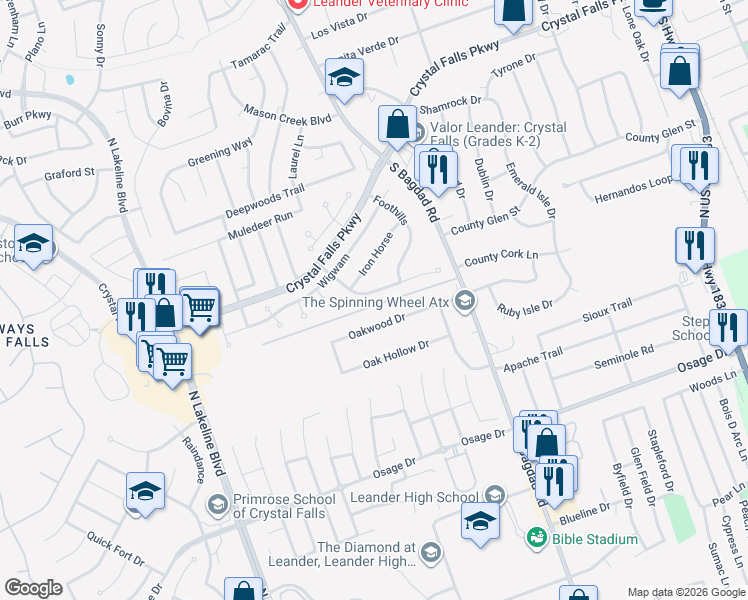 map of restaurants, bars, coffee shops, grocery stores, and more near 1103 Oakwood Drive in Leander
