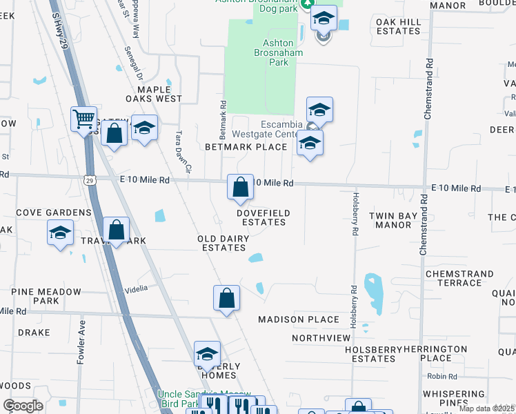 map of restaurants, bars, coffee shops, grocery stores, and more near 2225 Dovefield Drive in Pensacola