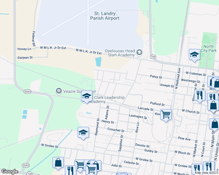map of restaurants, bars, coffee shops, grocery stores, and more near 1001-1099 Par Road 1-24-2 in Opelousas