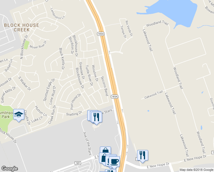 map of restaurants, bars, coffee shops, grocery stores, and more near 2502 Socorro Bend in Leander