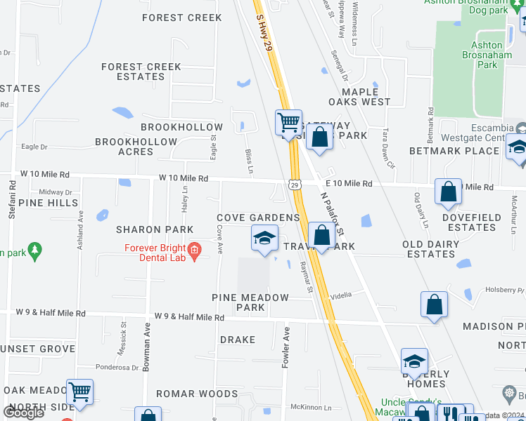 map of restaurants, bars, coffee shops, grocery stores, and more near 538 Evening Falls Drive in Pensacola