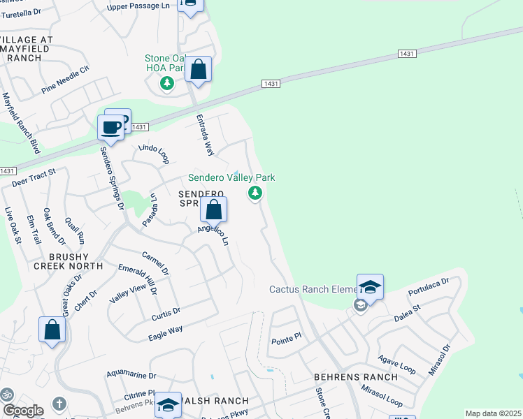 map of restaurants, bars, coffee shops, grocery stores, and more near Cascada Lane in Round Rock