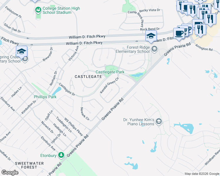 map of restaurants, bars, coffee shops, grocery stores, and more near 4411 Pickering Place in College Station