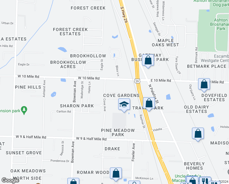 map of restaurants, bars, coffee shops, grocery stores, and more near 405 Evening Falls Drive in Pensacola