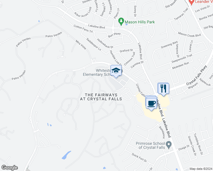 map of restaurants, bars, coffee shops, grocery stores, and more near 2109 1st View in Leander