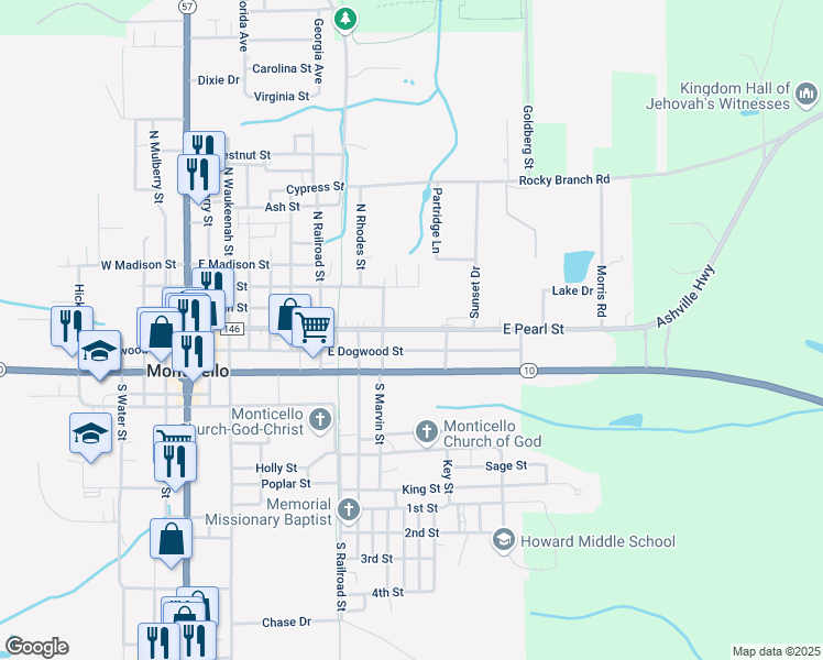 map of restaurants, bars, coffee shops, grocery stores, and more near East Pearl Street in Monticello