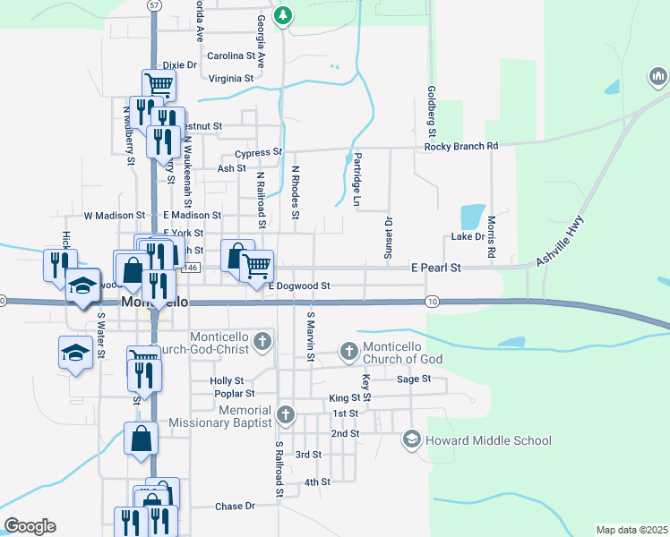 map of restaurants, bars, coffee shops, grocery stores, and more near East Pearl Street in Monticello
