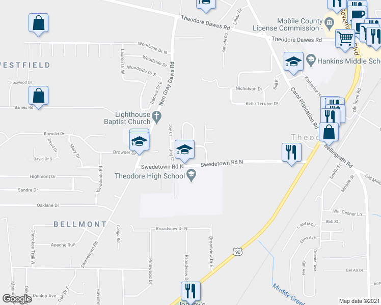 map of restaurants, bars, coffee shops, grocery stores, and more near 6956 Magnolia Trce in Theodore