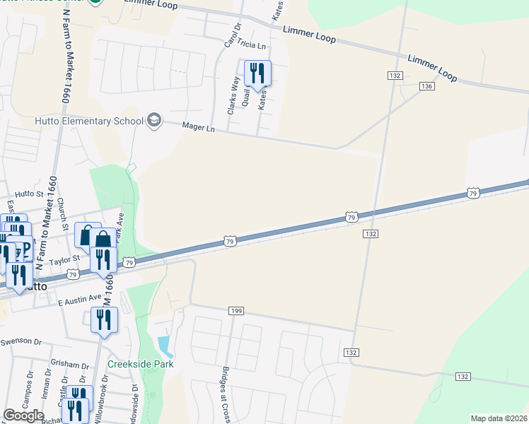 map of restaurants, bars, coffee shops, grocery stores, and more near 9039 U.S. 79 in Hutto