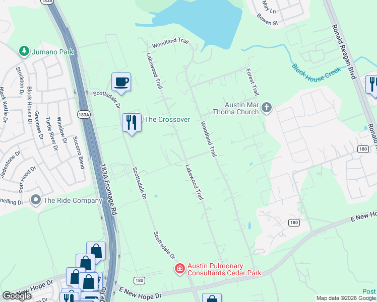 map of restaurants, bars, coffee shops, grocery stores, and more near 126 Lakewood Trail in Leander