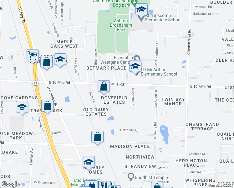 map of restaurants, bars, coffee shops, grocery stores, and more near 2205 Dovefield Drive in Pensacola