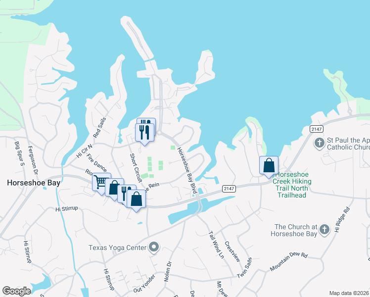 map of restaurants, bars, coffee shops, grocery stores, and more near 213 Bay Point Drive in Horseshoe Bay