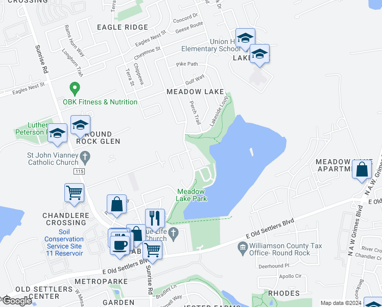 map of restaurants, bars, coffee shops, grocery stores, and more near 3117 Lake Cove in Round Rock