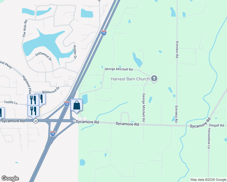 map of restaurants, bars, coffee shops, grocery stores, and more near 1-99 Oak Hill Lane in Carriere