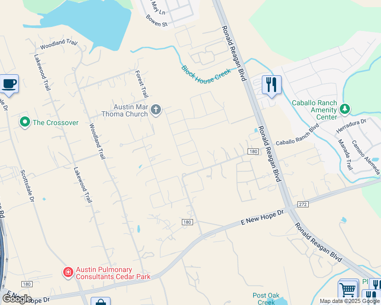 map of restaurants, bars, coffee shops, grocery stores, and more near 450 County Road 180 in Leander