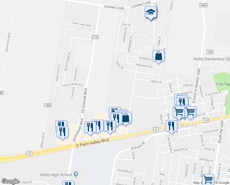 map of restaurants, bars, coffee shops, grocery stores, and more near 8151 U.S. 79 in Hutto