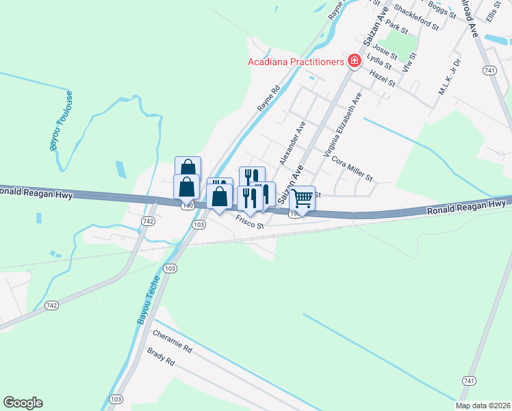 map of restaurants, bars, coffee shops, grocery stores, and more near 174 Frisco St in Port Barre