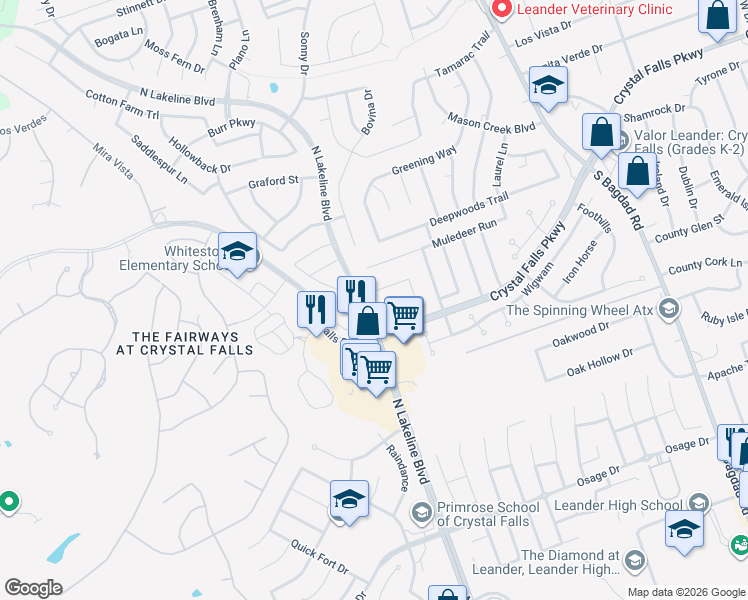 map of restaurants, bars, coffee shops, grocery stores, and more near 1751 Crystal Falls Parkway in Leander