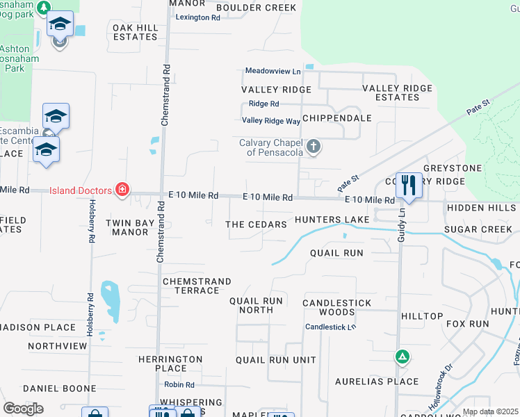 map of restaurants, bars, coffee shops, grocery stores, and more near 10343 Mercer Lane in Pensacola