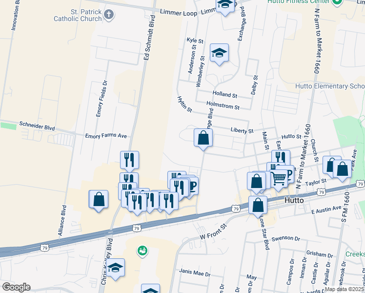map of restaurants, bars, coffee shops, grocery stores, and more near 8151 U.S. 79 in Hutto