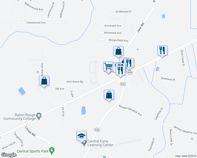 map of restaurants, bars, coffee shops, grocery stores, and more near 11434 Central Green Way in Baton Rouge
