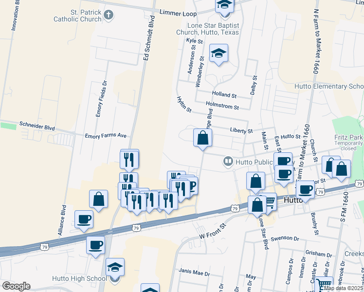 map of restaurants, bars, coffee shops, grocery stores, and more near 8151 U.S. 79 in Hutto