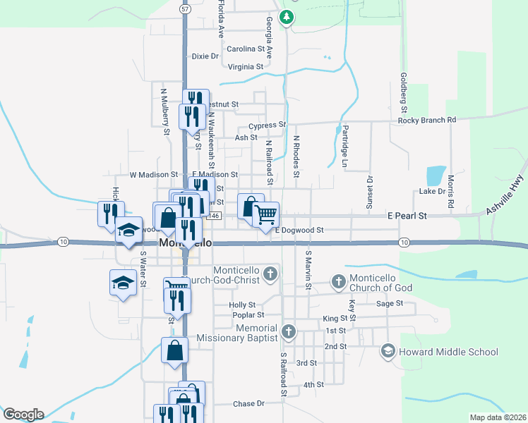 map of restaurants, bars, coffee shops, grocery stores, and more near 345 North Railroad Street in Monticello