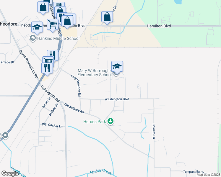 map of restaurants, bars, coffee shops, grocery stores, and more near 6875 Burroughs Lane in Theodore