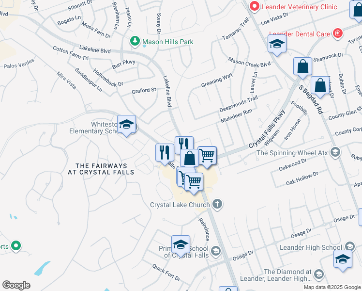 map of restaurants, bars, coffee shops, grocery stores, and more near 3725 Lakeline Boulevard in Leander