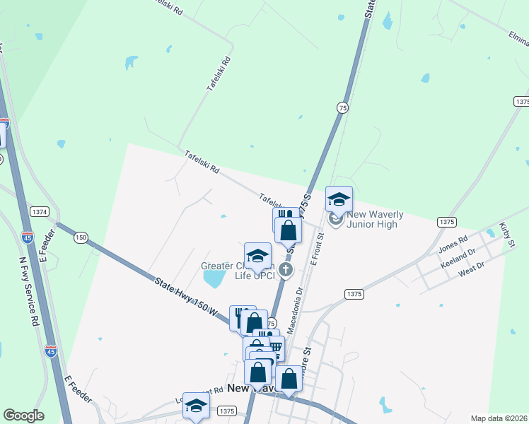 map of restaurants, bars, coffee shops, grocery stores, and more near 255 Tafelski Road in New Waverly