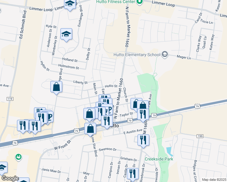 map of restaurants, bars, coffee shops, grocery stores, and more near 103 Hutto Street in Hutto