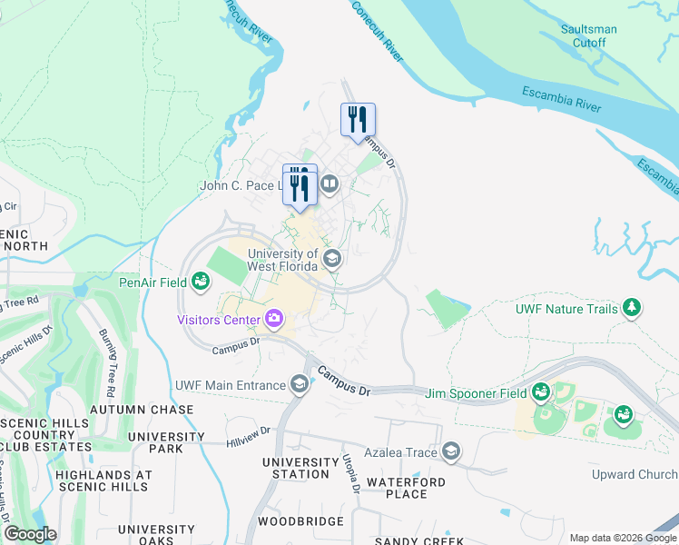 map of restaurants, bars, coffee shops, grocery stores, and more near 11000 University Parkway in Pensacola