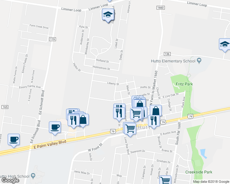 map of restaurants, bars, coffee shops, grocery stores, and more near 603 Hutto Street in Hutto